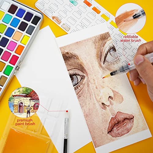 TAVOLOZZA Watercolor Paint Set, 50 Vivid Colors Including Metallic and Fluorescent Colors in Gift Box with Bonus Watercolor Paper and Water Brushes Art Supplies for Artist Painting and Watercolor Illustrating