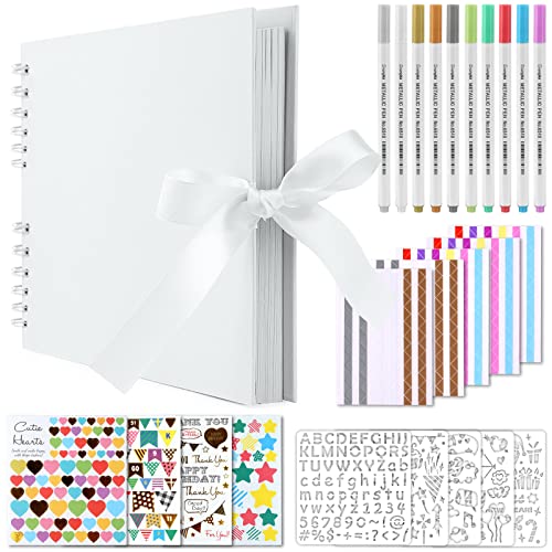 Gotideal 80 Pages Scrapbook Album with 10 Metallic Markers, Craft Paper Photo Album for Wedding and Anniversary, Family DIY Scrapbook Accessories with Scrapbooking Stickers Corners(White)…