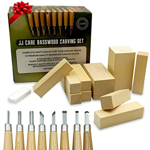 JJ CARE Wood Carving Kit - Premium Wood Whittling Kit 10 Wood Blocks + 8 SK7 Carbon Steel Tools - Beginner Whittling Kit for Kids and Adults, Basswood Carving Kit, Soap Carving Set