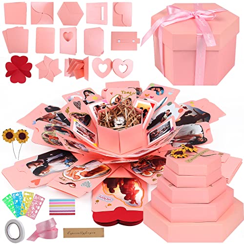 RECUTMS Explosion Box DIY Scrapbooking Set Handmade Photo Album,Gift Box with 6 Faces Wedding Memory Book (Pink-6 Sides)