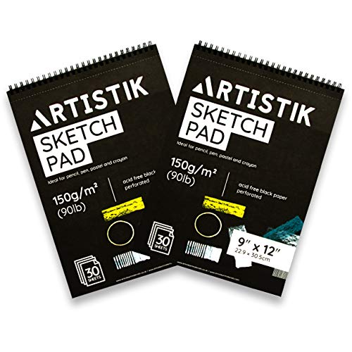 Black Paper Sketch Pad - 12 x 9 " (Pack of 2) 30 Sheets (90lb/150gsm), Top Spiral Bound with Perforated Pages for All Dry Media Graphite & Colored Pencils, Gouache, Charcoal, Gel Pens, Chalk
