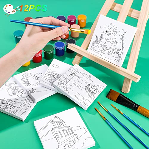 12 Pcs Pre Drawn Outline Canvas Art 4 x 4 inch, Back to School Pre Drawn Stretched Canvas Painting Boards for Painting First & Last Day of School Paint Party Favor for Kid Student (Classic Style)