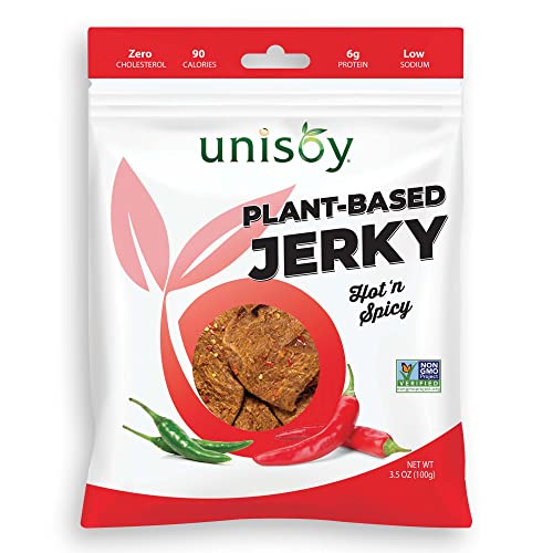 UNISOY PLANT BASED VEGAN JERKY- Classic Hot ‘n Spicy, Vegetarian & Vegan-Friendly Jerky, Non-GMO, Vegan Food, Vegan Snacks (3-Pack)