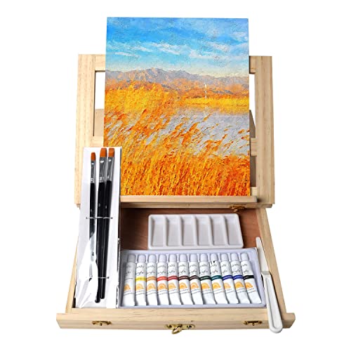 Tavolozza 19pcs Painting Table Easel Set, Wooden Mixed Media Art Set Easel Kit Includes Tabletop Easel, Acrylic Paints, Brushes, Canvas Panel, Art Supplies Gift for Beginners, Kids, Adults