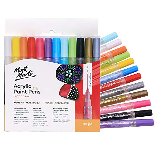 Mont Marte Signature Acrylic Paint Pens, 12 Piece, Waterproof, Suitable for Most Surfaces Including Canvas, Card, Rocks, Fine Bullet Tip (1mm)