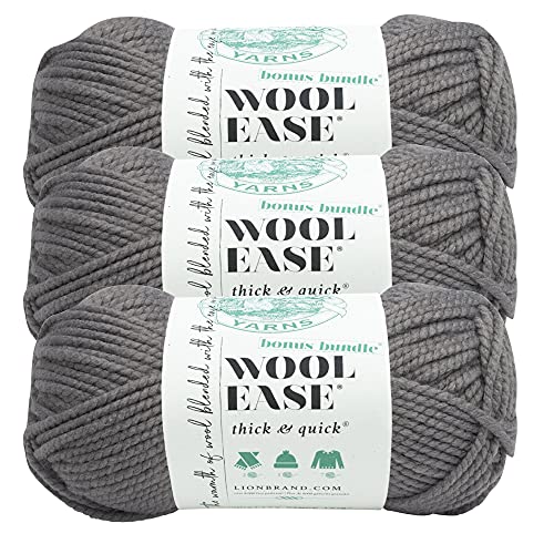 (3 Pack) Lion Brand Yarn Wool-Ease Thick & Quick Bonus Bundle Bulky Yarn, Slate
