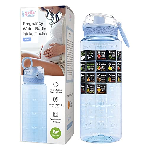 BellyBottle Pregnancy Water Bottle Intake Tracker with Weekly Milestone Stickers (BPA-Free) Pregnancy Must Haves Gifts for First Time Moms Must Haves Essentials - Blue