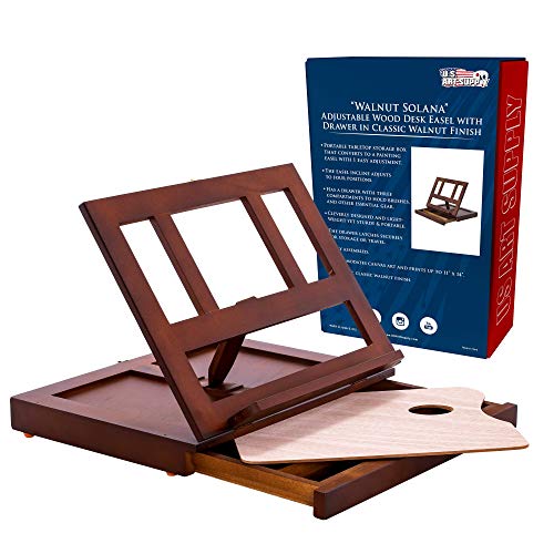 U.S. Art Supply Walnut Solana Adjustable Wood Desk Table Easel with Storage Drawer, Paint Palette, Premium Beechwood - Portable Wooden Artist Desktop, Board for Canvas, Painting, Drawing, Book Stand