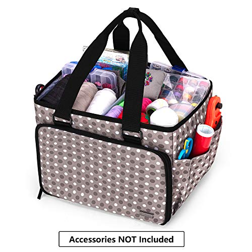 YARWO Sewing Accessories Organizer, Craft Storage Tote Bag with Pockets for Sewing Accessories and Craft Supplies, Gray Dots