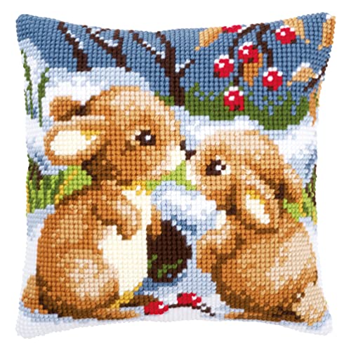 Vervaco Cross Stitch Embroidery Kits Pillow Front for Self-Embroidery with Embroidery Pattern on 100% Cotton and Embroidery Thread, 15,75 x 15,75 Inches - 40 x 40 cm, Rabbit