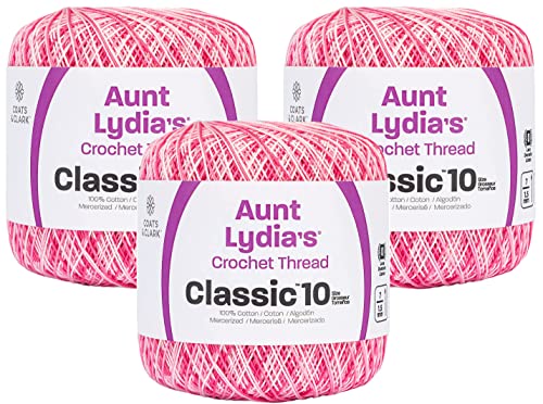 Aunt Lydia's Bulk Buy Crochet Cotton Classic Crochet Thread Size 10 (3-Pack) Shades of Pink 154-15