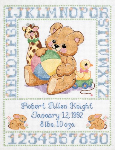 Janlynn C5589 Bear Birth Sampler Stamped Cross Stitch Kit-11"X14", Multicolored