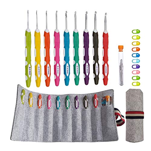 Ergonomic Crochet Hooks with Roll Felt Bag, Crochet Hooks Set for Arthritic Hands, Size from B to J