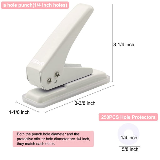 1 Hole Paper Punch with 250 Hole Protective Stickers 20 Sheets Capacity Desktop Hole Puncher for Paper Crafts Booklets Paper Hole Protector