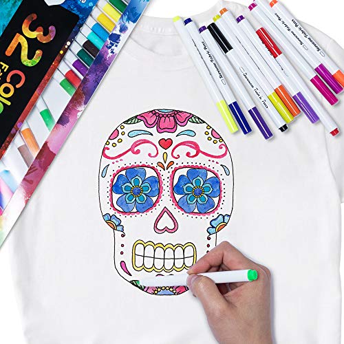 Fabric Markers Pen, 32 Colors Permanent Fabric Paint Pens Art Markers Set - Fine Tip, Child Safe & Non- Toxic for Canvas, Bags, T-Shirts, Sneakers