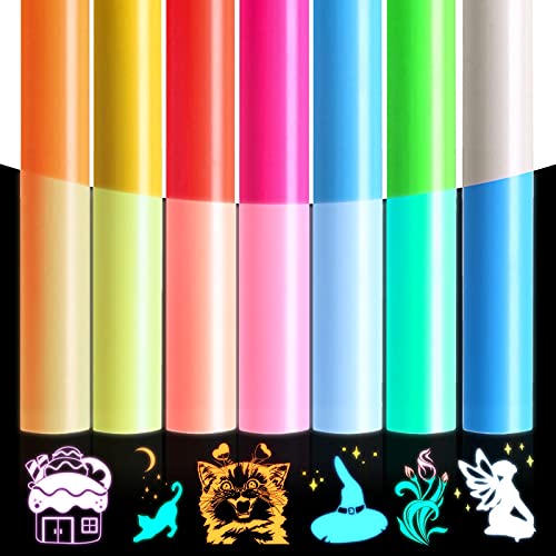 Glow in Dark Vinyl Permanent Adhesive for Craft, Heflashor Luminous Discoloration Vinyl Assorted 7 Solid Color Glow in The Dark Fluorescent Color Change Vinyl for Self Sticker, Craft Cutter Decals