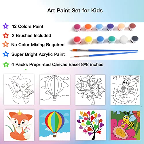 Aosemili Acrylic Paint Set for Kids - 4 Pre-Stenciled Painting Canvas Panels 8 x 8 inches with 12 Paints 2 Brushes for Girls Boys and Beginners
