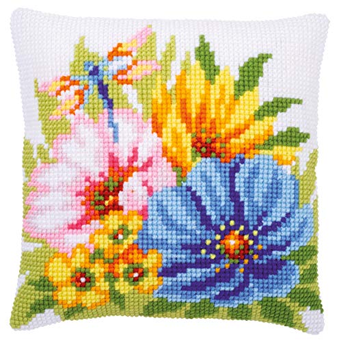 Vervaco Cross Stitch Embroidery Kits Pillow Front for Self-Embroidery with Embroidery Pattern on 100% Cotton and Embroidery Thread, 15,75 x 15,75 Inches - 40 x 40 cm, Spring Flowers