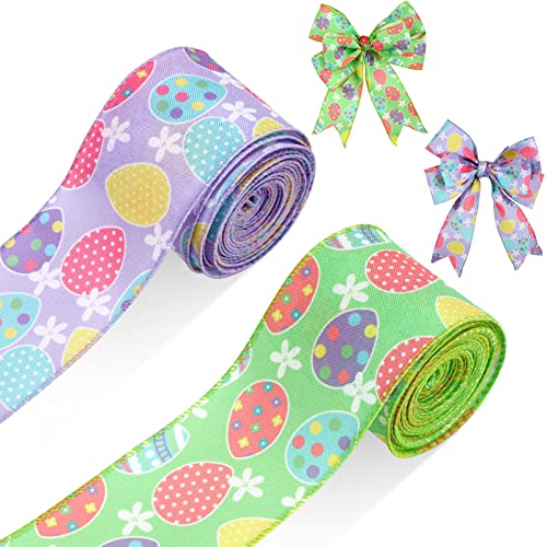 2 Rolls Easter Ribbon Easter Eggs Wired Edge Ribbon 2.5 Inch 20 Yards Lavender Easter Fabric Ribbons Green for Easter Wreath Decoration Wrapping Floral Bows
