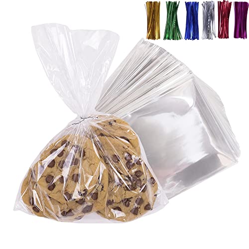 200 Large Cello Bags 9x12 with Twist Ties Poly Treat Bags for Gift Wrapping, 1.4mils Thickness OPP Flat Plastic Bags for Christmas, Weddings, Thank you Gift Basket Supplies