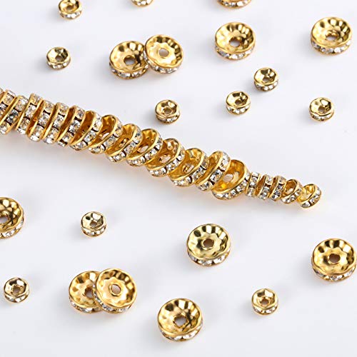 800 Pieces Round Rondelle Spacer Beads Crystal Rhinestone Loose Bead Rondelle Charm Beads 6 mm 8 mm 10 mm for Necklaces Bracelets Jewelry Making (Gold)