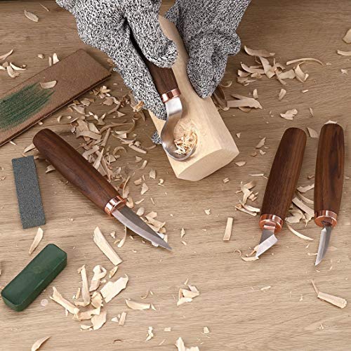 Wood Carving Tools Pack of 11- Includes Black Walnut Handle Wood Carving Knife,Whittling Knife,Hook Knife,Polishing Compound,Sharpening Stone,Cut Resistant Gloves,Wood Carving Kit for Beginners.