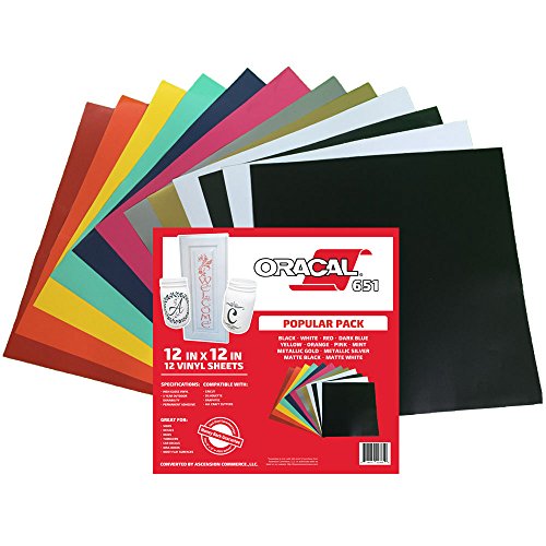 ORACAL 651 (12) Sheet Popular Pack - Adhesive Craft Vinyl for Cricut, Silhouette, Cameo, Craft Cutters, Printers, and Decals - 12" x 12" - Gloss Finish - Outdoor and Permanent