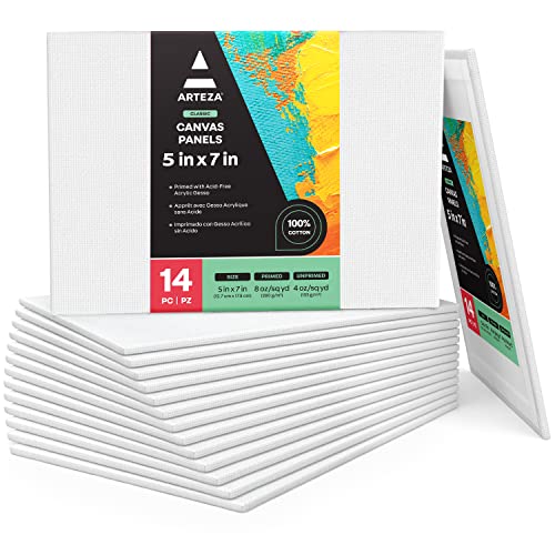 Arteza Paint Canvases for Painting, Pack of 14, 5 x 7 Inches, Blank White Art Canvas Boards, 100% Cotton, 8 oz Gesso-Primed, Art Supplies for Adults and Teens, for Acrylic Pouring and Oil Painting