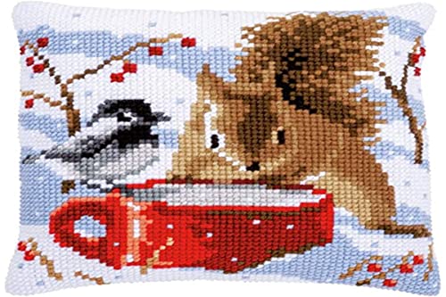Vervaco Cross Stitch Christmas Embroidery Kits Pillow Front for Self-Embroidery with Embroidery Pattern on 100% Cotton, 15,75 x 15,75 Inches - 40 x 40 cm, Christmas Squirrel