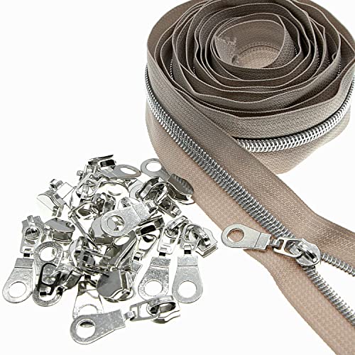 #5 Metallic Nylon Coil Zippers by The Yard,Beige Zipper Tape/Silver Teeth,Bulk 10 Yards with 25 PCS Zipper Pulls Sliders,Zipper Replacement for DIY Tailor Sewing Crafts Bags Purses Clothing SHUNLI