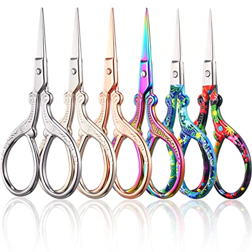 3.6 Inch Embroidery Scissors Stainless Steel Craft Scissors Small Sewing Scissors Cross Stitch Gold Scissors Flower Printed Sewing DIY Tool for Needlework Artwork Sewing(Retro Colors,6 Pieces)