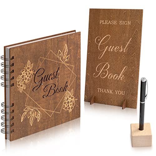 Creawoo Wooden Wedding Guest Book Reception Sign in Photo Album with Table Sign, Pen & Holder, Hardcover Memory Registry Guestbook with 90 White Pages for Baby Shower, Birthday, Bridal Shower, Wedding