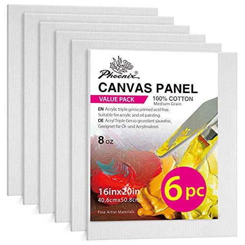 PHOENIX Painting Canvas Panels 16x20 Inch, 6 Value Pack - 8 Oz Triple Primed 100% Cotton Acid Free Canvases for Painting, White Blank Flat Canvas Boards for Acrylic, Oil, Watercolor & Tempera Paints