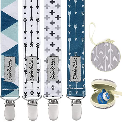 Dodo Babies Pacifier Clip Set - Four Clips Plus Binky Case – Universal Holder Fits Most Paci Brands, Teether Toys and Car Seats – Blue and Teal Prints for Girls or Boys