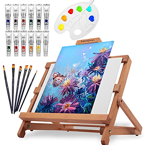 Falling in Art Adjustable Easel Set-Tabletop Easel Starter Kit with Acrylic Painting Sets, Canvas Panels, Brushes, Palette for Gifts