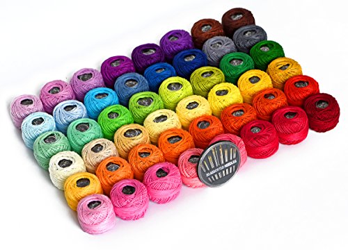 LE PAON 48 Crochet Thread Set Balls 100% Long-Staple Cotton Rainbow Colors of Size 8 Threadand Free 30 Golden Needles 48 Balls for Crochet Hardanger Cross Stitch Needlepoint Hand Embroidery