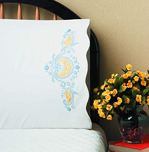 Tobin Stamped Pillowcases, Blue Elegance, 20" x 30" Embroidery Kit, White
