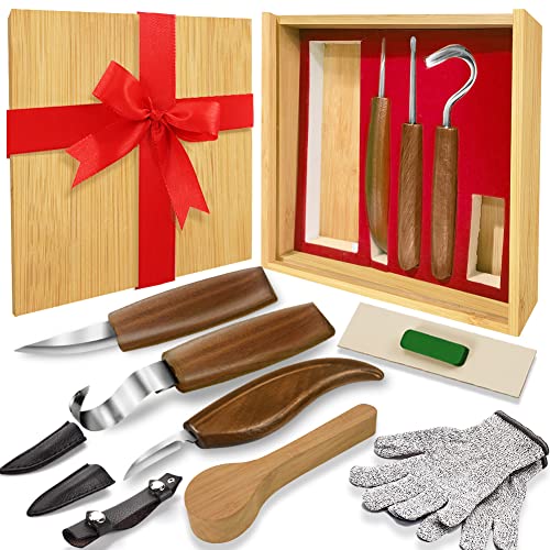12pcs Wood Whittling Kit -WAYCOM Wood Carving Tools Set Hook Carving Knife,Detail Wood Knife,Whittling Knife Cut Resistant Gloves Leather Sheath And Bamboo Gift Box For Spoon,Bowl,Cup