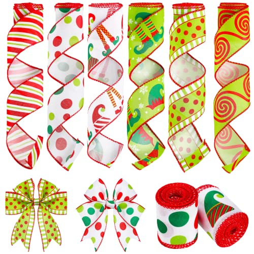 6 Rolls 30 Yards Christmas Wired Edge Ribbon Elf Hats and Legs Multi Dots Swirl Diagonal Stripe Ribbon Home Party Bows Decor for Xmas Tree Wreath Gift Wrapping DIY Crafts, 2.5 Inch (Stylish Style)