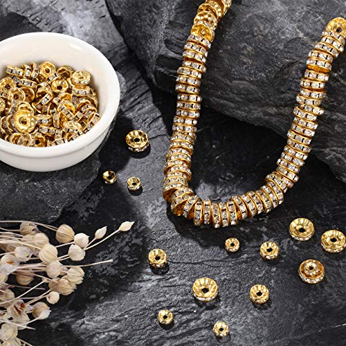 800 Pieces Round Rondelle Spacer Beads Crystal Rhinestone Loose Bead Rondelle Charm Beads 6 mm 8 mm 10 mm for Necklaces Bracelets Jewelry Making (Gold)