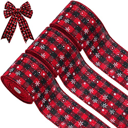 3 Rolls Christmas Snowflake Buffalo Plaid Ribbon Wired Edge Ribbon Black and Red Plaid Burlap Ribbon Christmas Check Burlap Ribbon for Christmas Wrapping Crafts Decoration (6 Yard x 2.5 Inch)