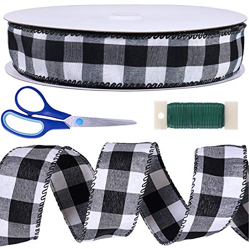 50 Yards Black and White Buffalo Check Plaid Wired Ribbon 1.5" Wide Gingham Ribbon for Rustic Christmas Tree Wreath Gift Wrapping Bows Crafts Floral Arrangement Festive Farmhouse Party Decoration