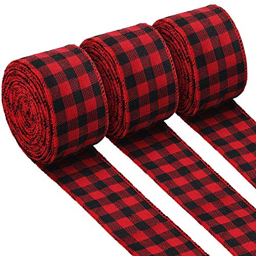 3 Rolls Christmas Buffalo Plaid Ribbon,Burlap Check Wired Edge Ribbon Christmas Tree Ribbon Garland for DIY Gift Wrapping, Floral Bows Crafts Fall Decoration (2.4 by 315 Inches, Black and Red Plaid)