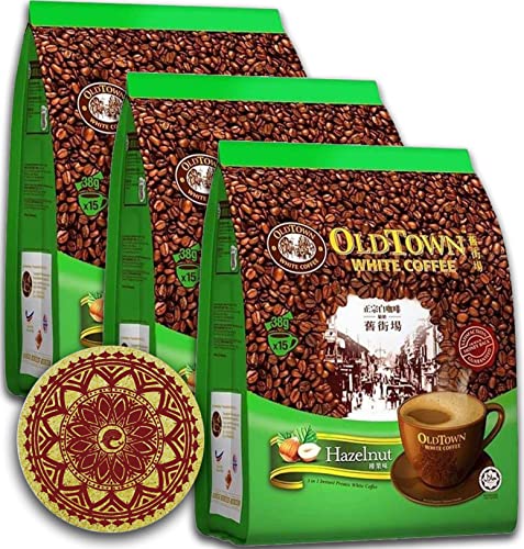 (3 Pack - Hazelnut) OLD TOWN (3 in 1) Hazelnut White Coffee Asian Instant Coffee WHALEVER Eco Friendly Cork Coaster Package , oldtown White Coffee 45 Packets