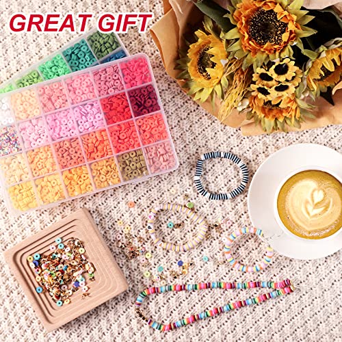 QUEFE 4800pcs Clay Beads for Bracelet Making Kit 48 Colors Flat Round Polymer Clay Beads Spacer Heishi Beads for Jewelry Making Kit, for Girls 8-12, Preppy, Gift Pack