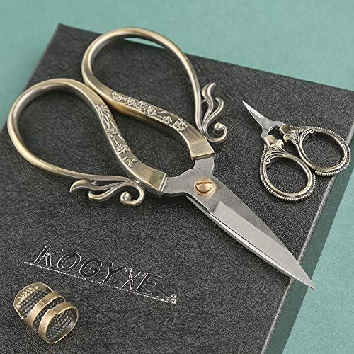 3 Pcs Embroidery Scissors Set, Sewing Scissors Sharp Tip Stainless Steel, Vintage European Design Scissors with Thimble, DIY Tools Dressmaker Shears for Fabric, Embroidery, Craft, Needlework