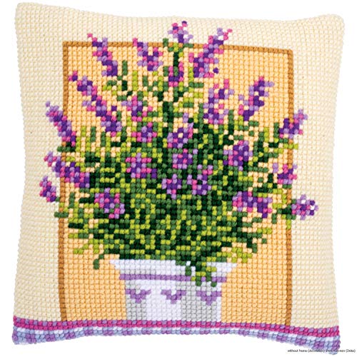Vervaco Cross Stitch Embroidery Kits Pillow Front for Self-Embroidery with Embroidery Pattern on 100% Cotton and Embroidery Thread, 15,75 x 15,75 Inches - 40 x 40 cm, Lavender in Pot