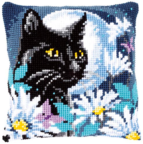 Vervaco Cross Stitch Embroidery Kits Pillow Front for Self-Embroidery with Embroidery Pattern on 100% Cotton and Embroidery Thread, 15,75 x 15,75 Inches - 40 x 40 cm, Night Cat
