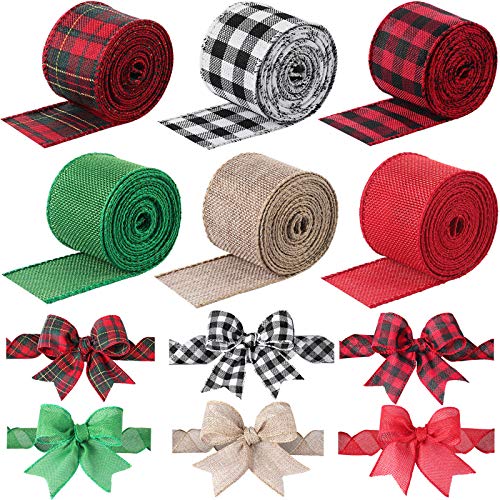 6 Rolls Christmas Wired Ribbons 2 Inch x 32 Yards Multi Color Buffalo Plaid Ribbon Wired Edge Ribbon for Christmas Thanksgiving DIY Wrapping Wedding Floral Bows Crafts (Vintage Plaid Style)