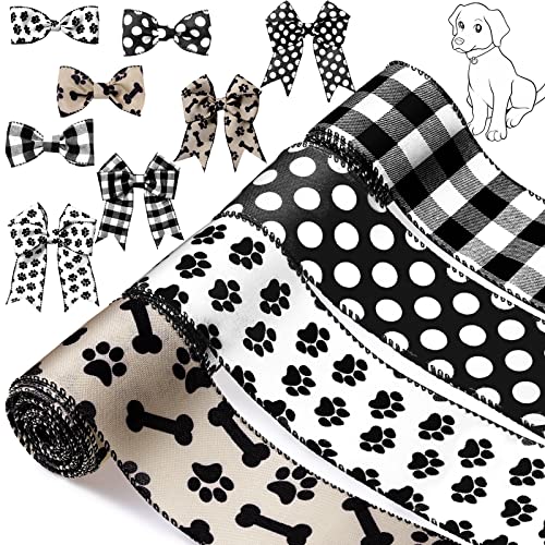 4 Rolls 24 Yards Dog Ribbon 2.5 Inch Wired Paw Print Wire Wrapping Ribbon for Christmas DIY Wrapping Wedding Floral Bows Decor Home Party Ornaments (Classic Color,Dog Bone)